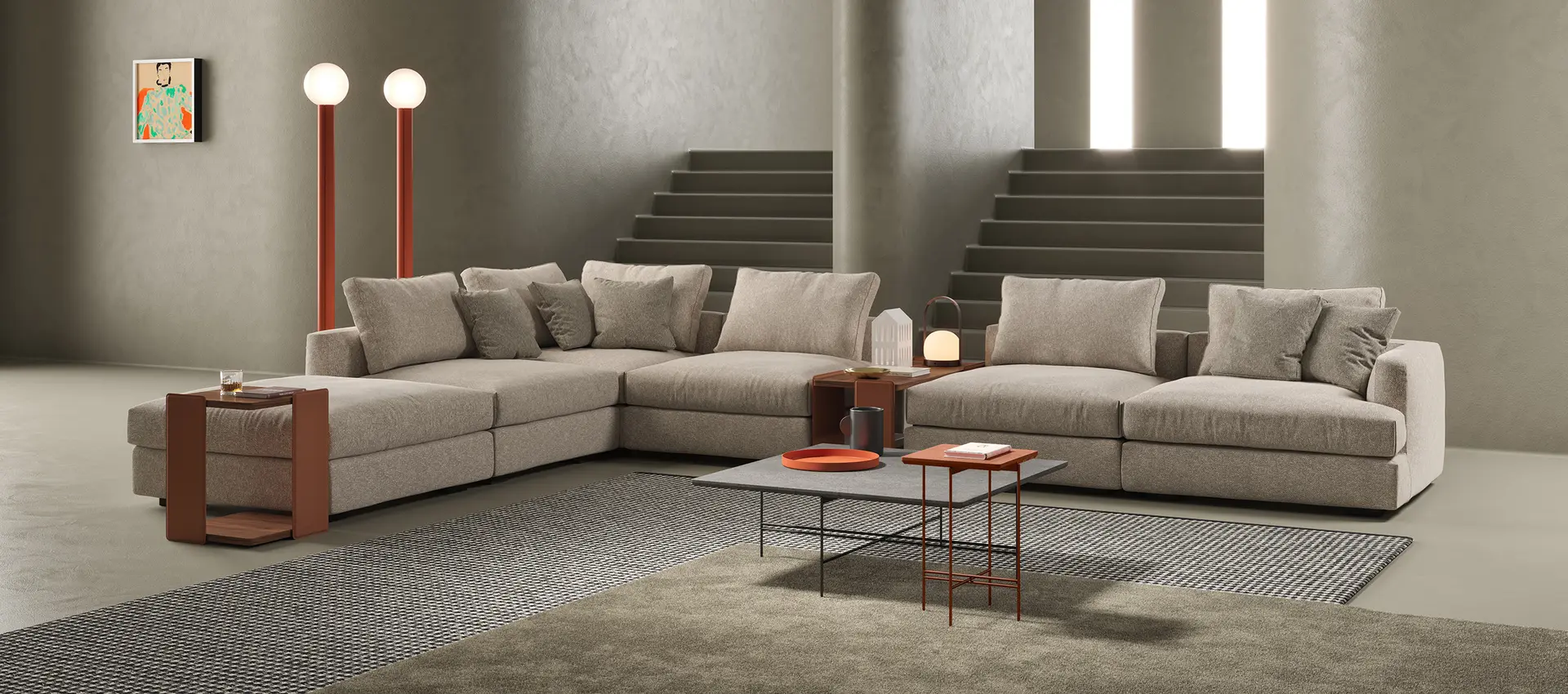 Large cream corner sofa and a slim coffee table in a stone room with wide steps and tall lamps