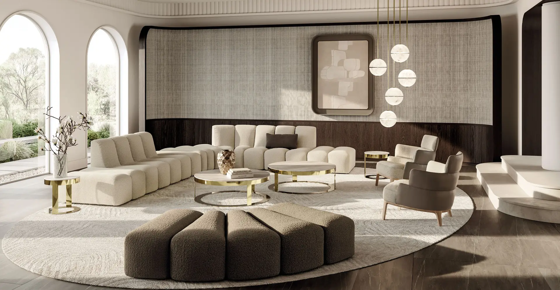 Curved modular sofa, armchairs and round coffee tables beneath a cluster of globe lights by an arched window