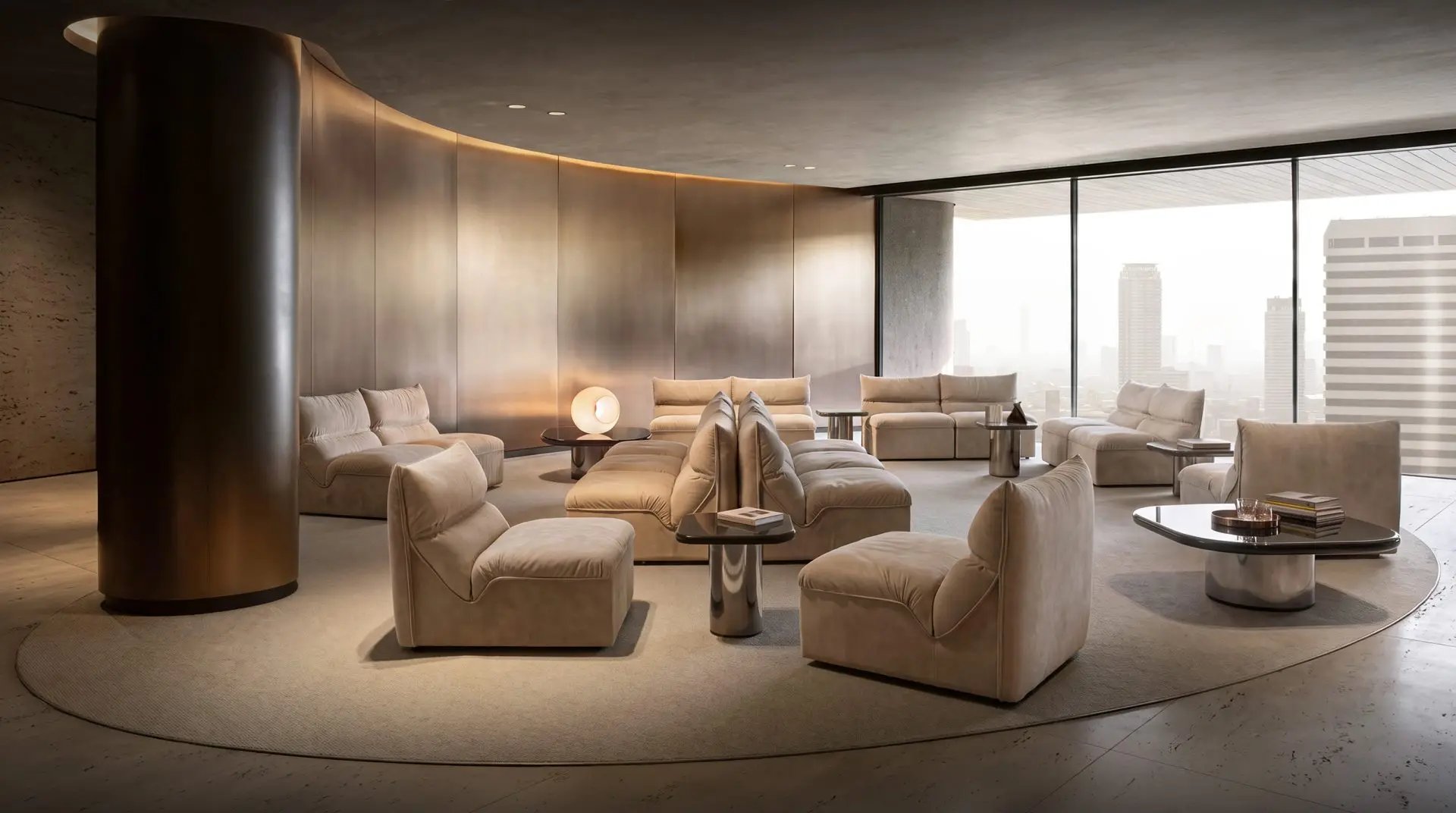 Lounge with low leather sofas and armchairs around a curved timber wall and a city view