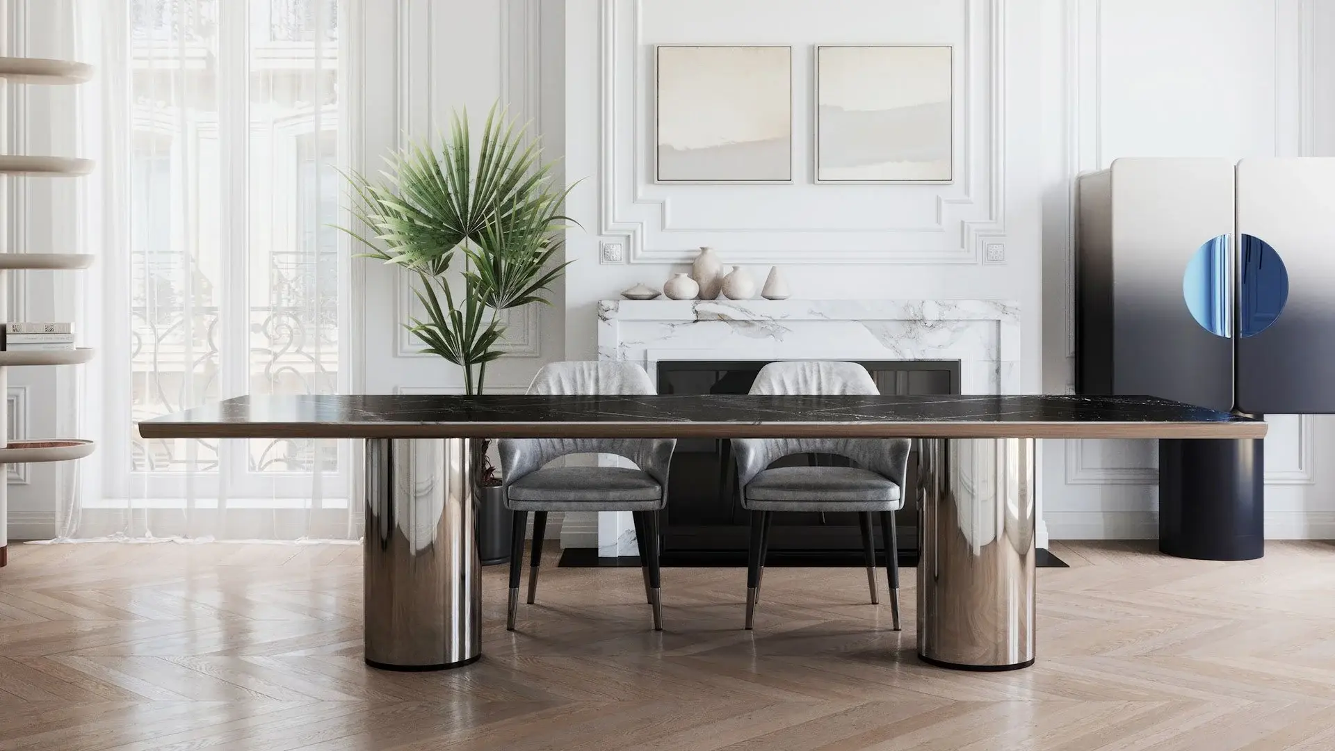 Dark dining table on polished steel legs with upholstered chairs in a white panelled room
