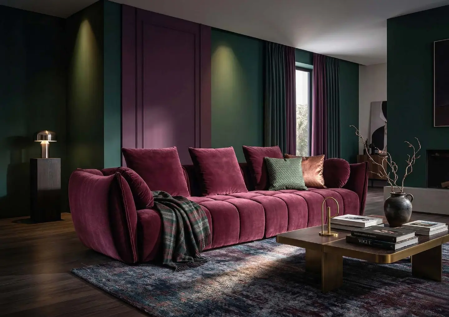 Burgundy velvet sofa against green and plum walls, with a low timber coffee table