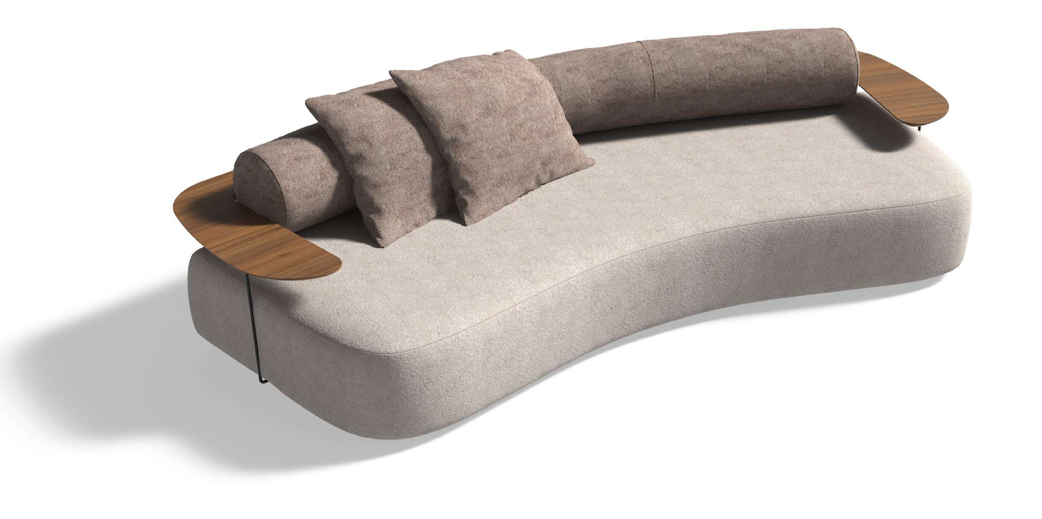 Render of the Adele sofa: a curved pale seat with a rolled back cushion and a walnut shelf