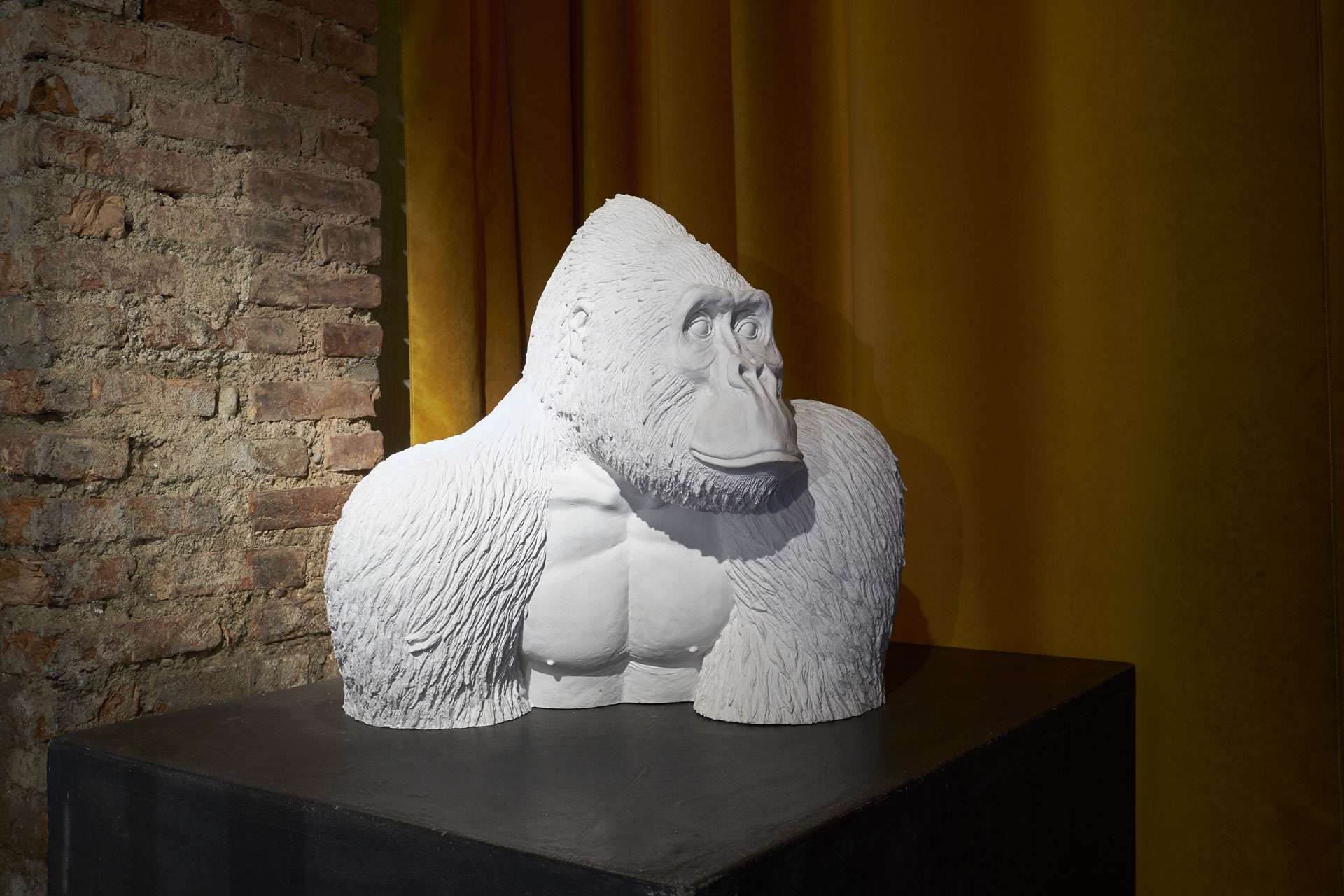 White gorilla sculpture against a mustard curtain and a brick wall