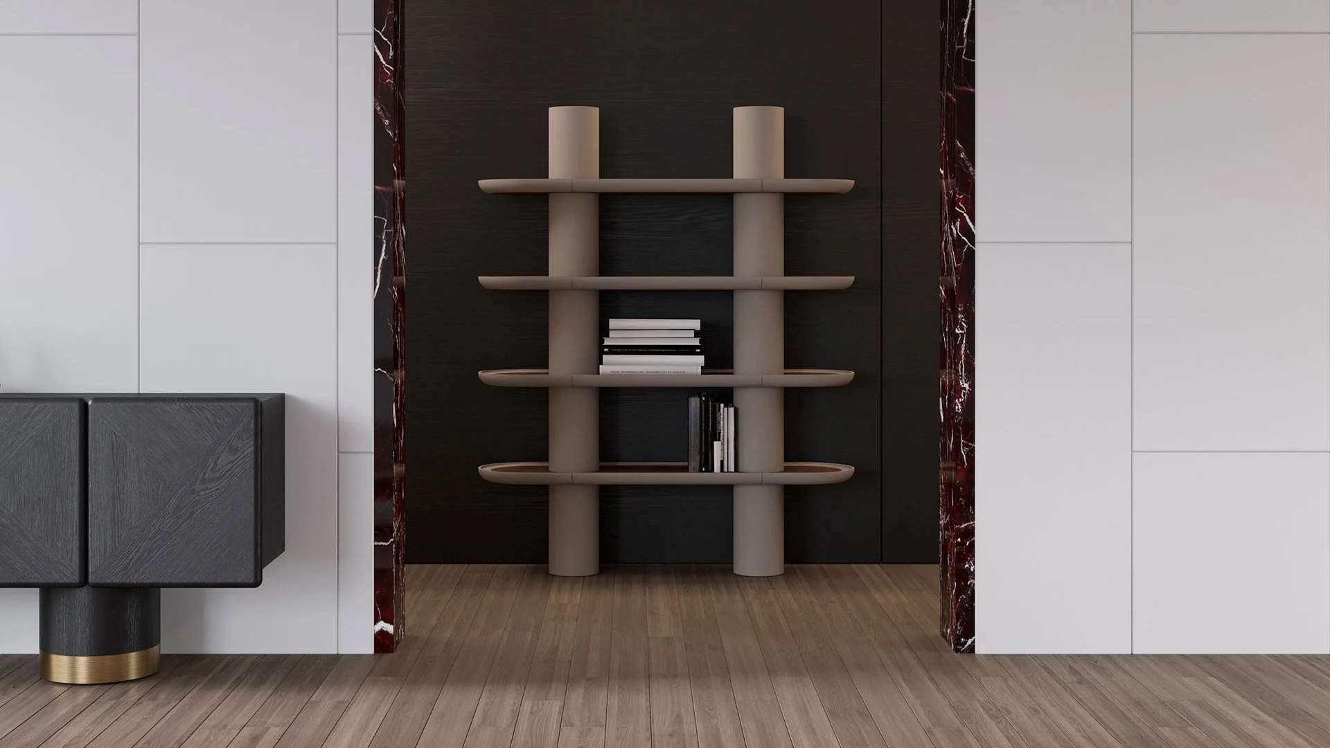 Open bookcase with curved timber shelves against black marble