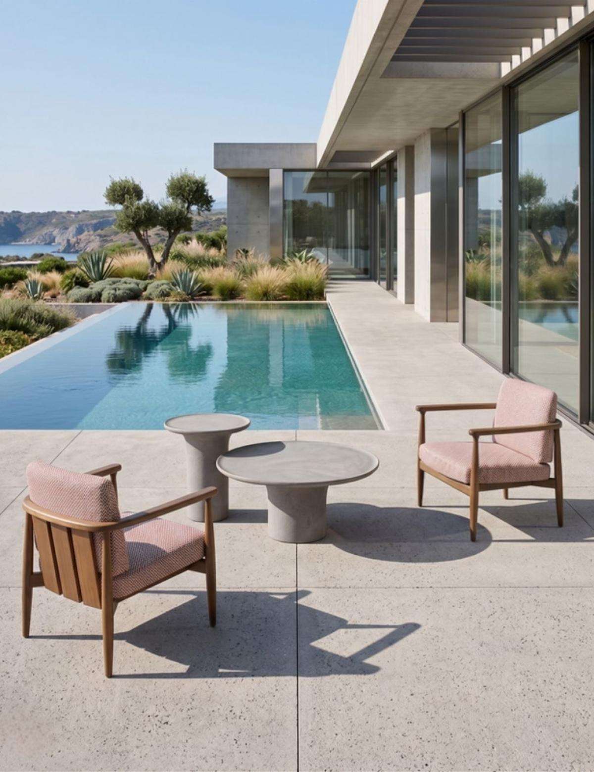 Pink outdoor armchairs and round stone tables beside a pool overlooking the coast