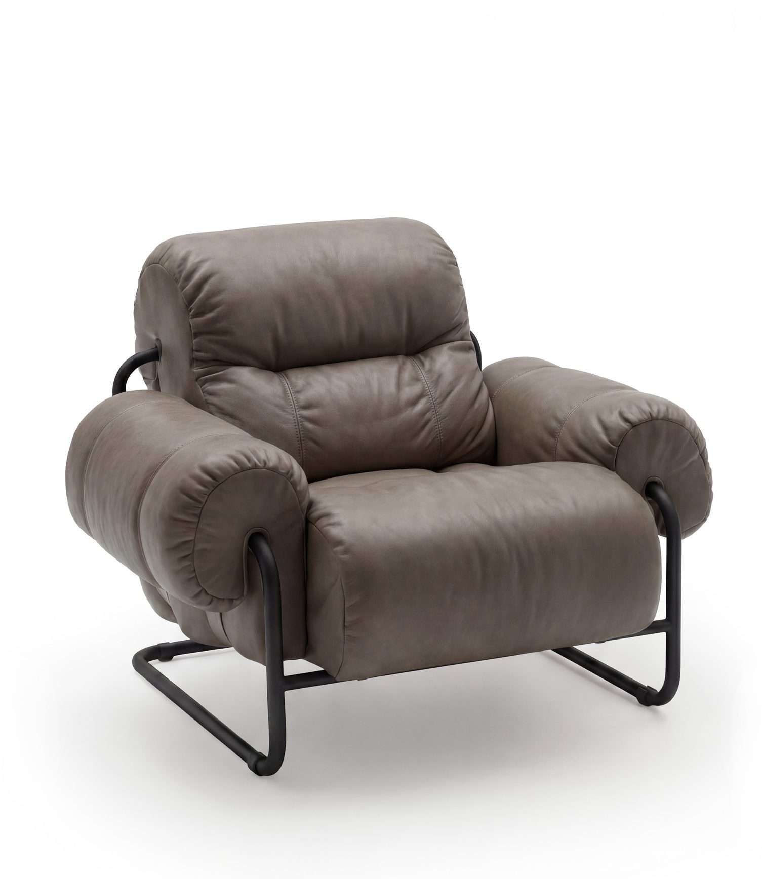 Cushioned leather armchair on a slim tubular frame