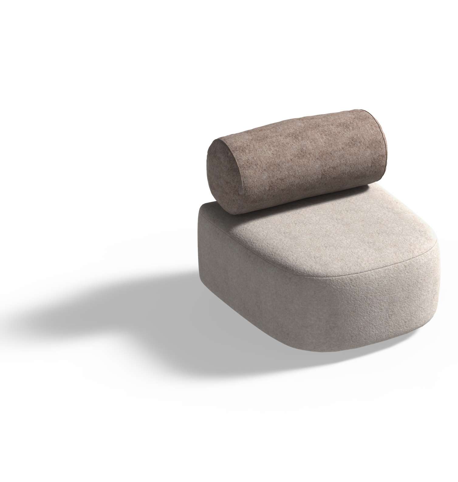 Render of the Adele armchair with a rolled taupe back cushion