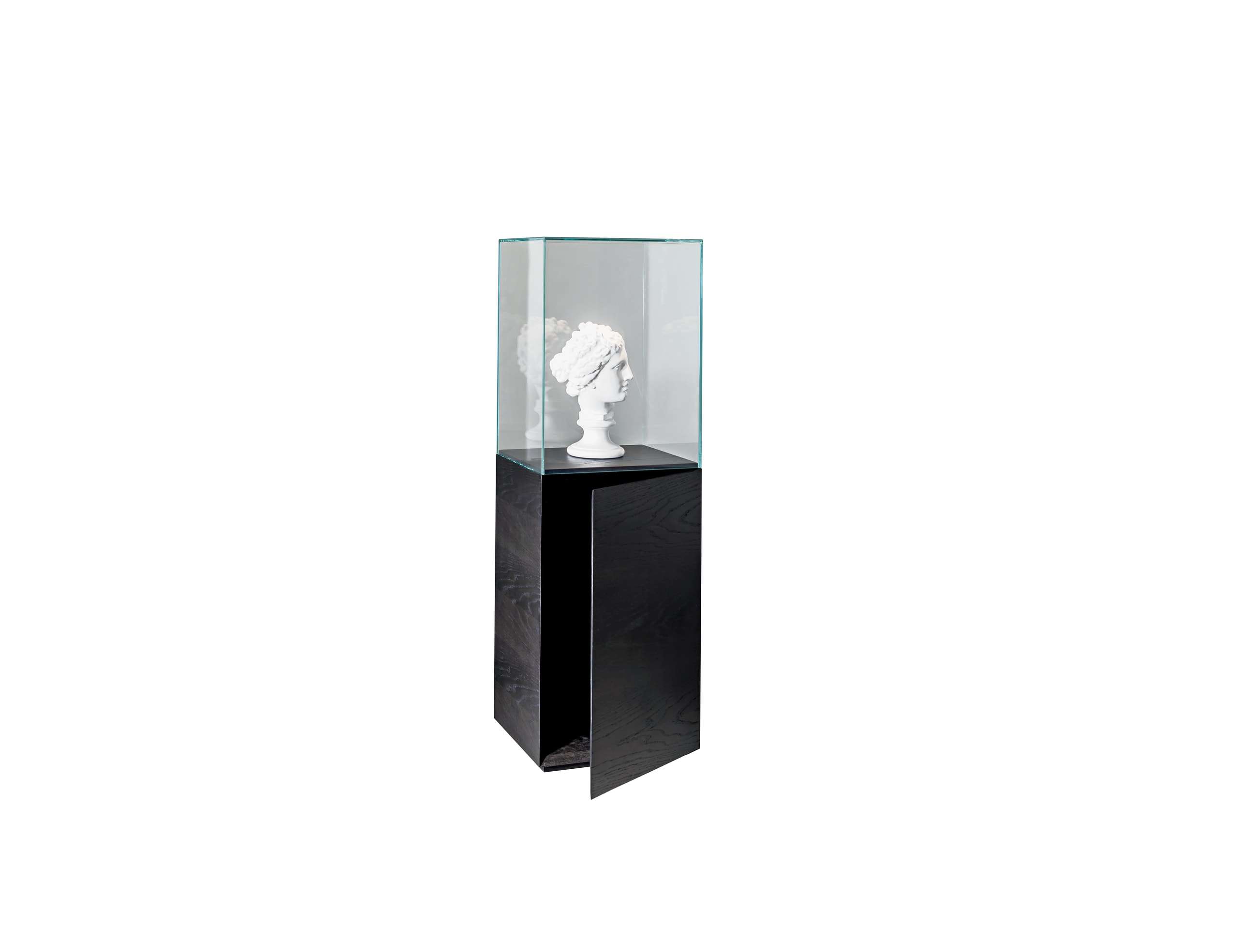 Classical bust inside a glass display case on a black plinth