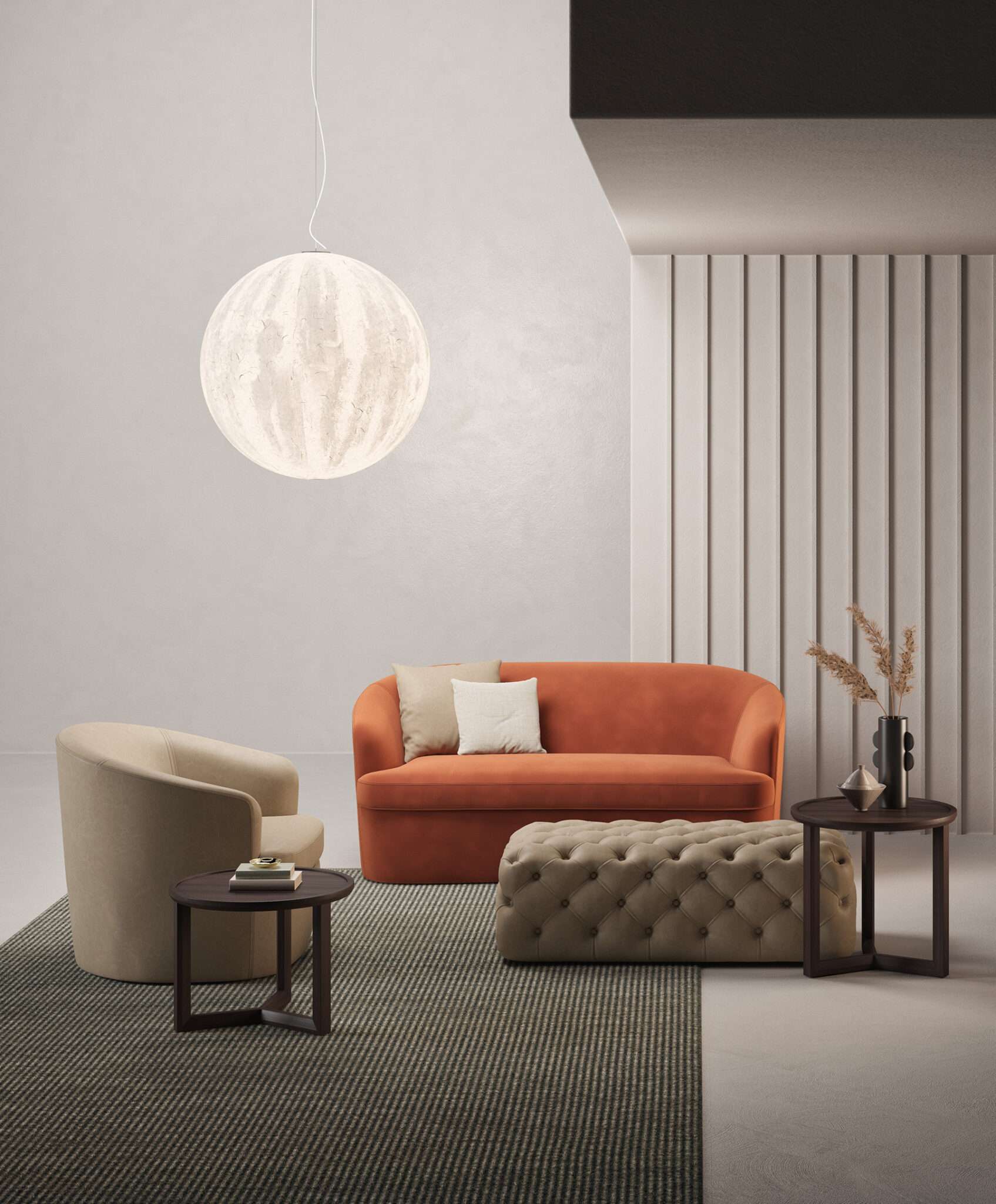 Orange sofa, a cream armchair and a buttoned pouf beneath a paper globe lamp