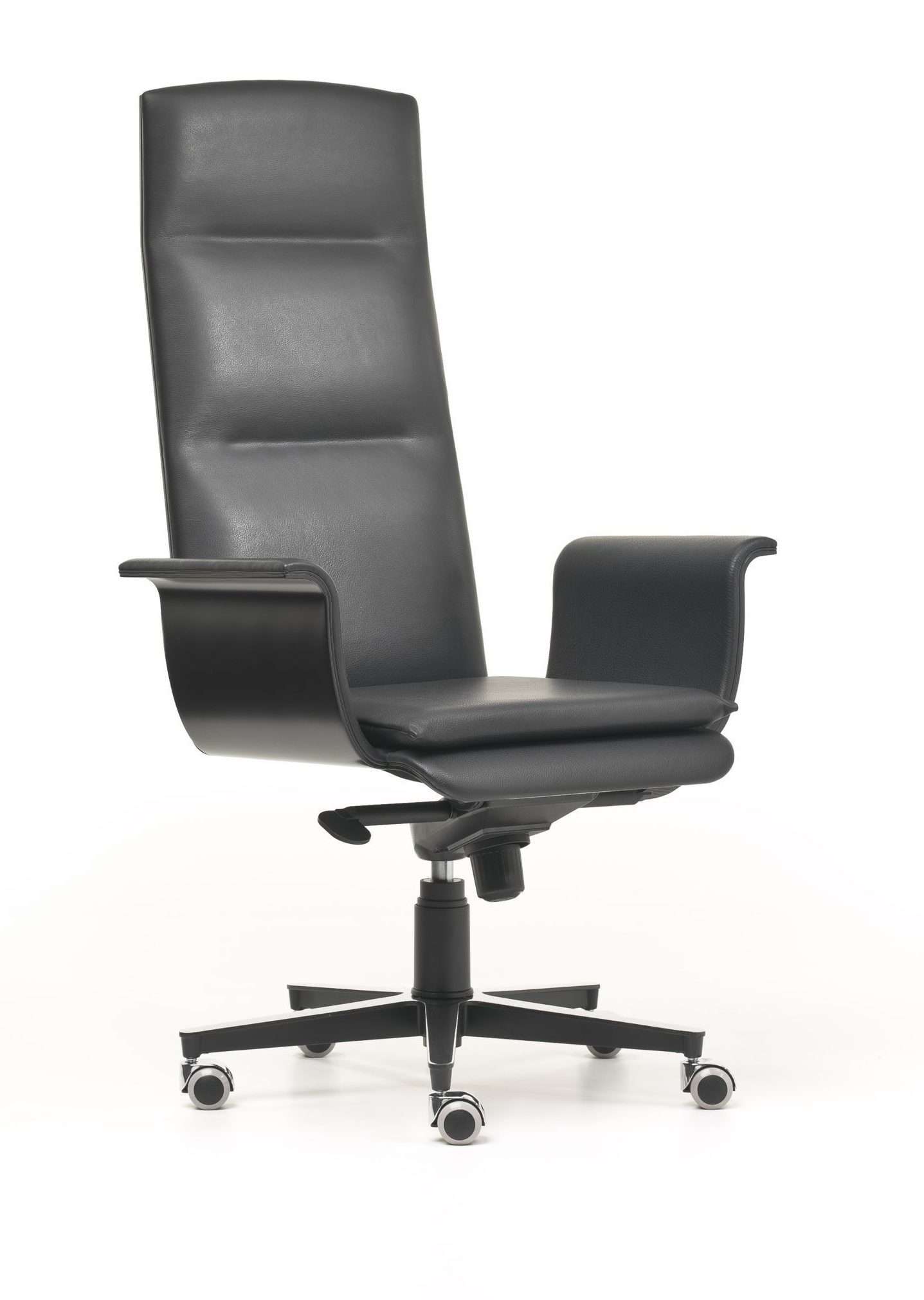 High-backed black leather office chair