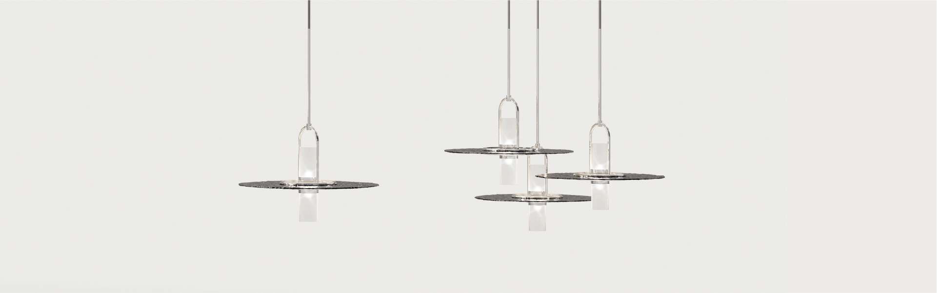 Glass pendant lights with slim metal discs