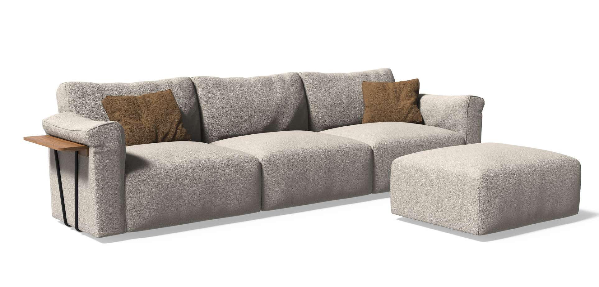 Render of the Eva modular sofa in pale fabric with a matching pouf
