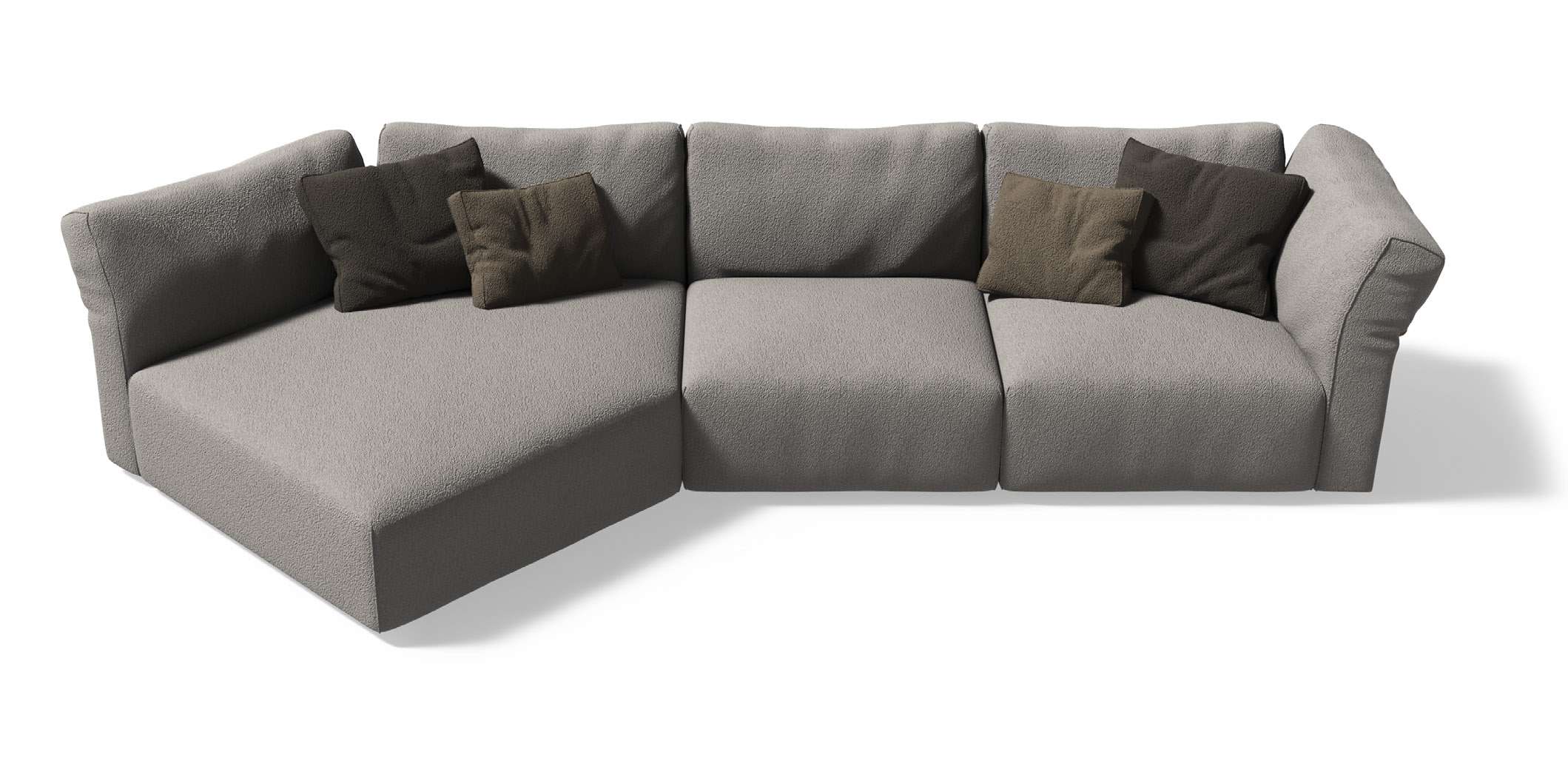 Render of the Eva sofa as an angled corner composition in grey