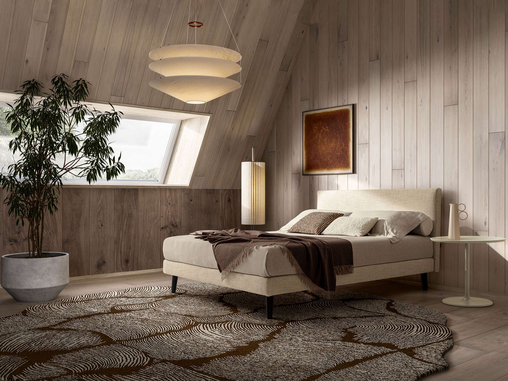 Bed with a light headboard in a timber-lined attic room