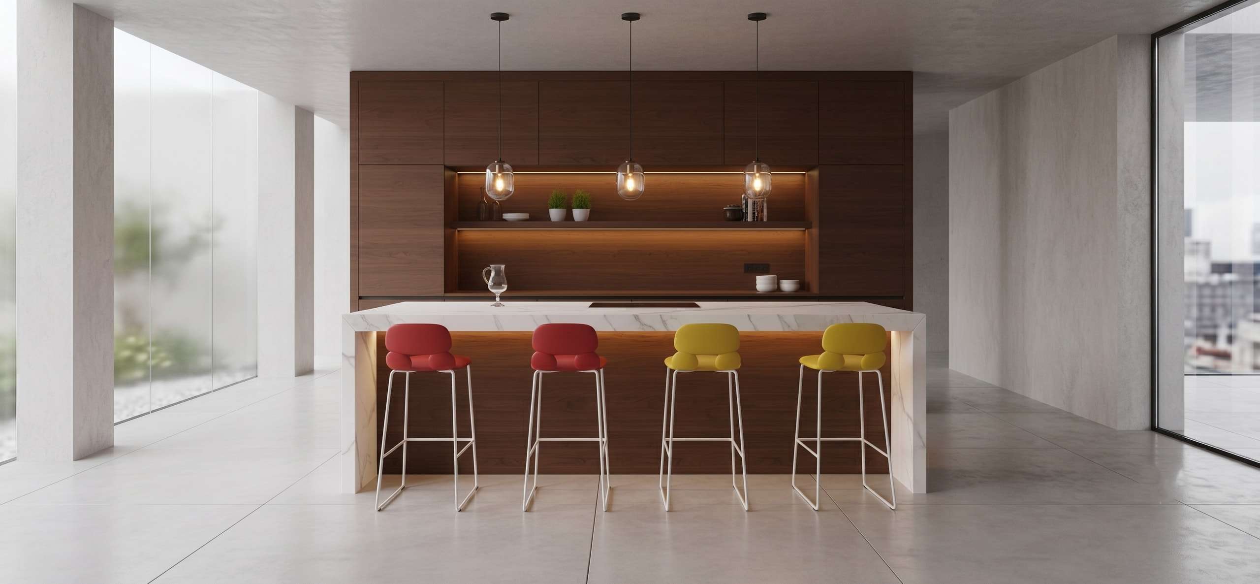 Kitchen island with red and yellow stools under warm pendant lights