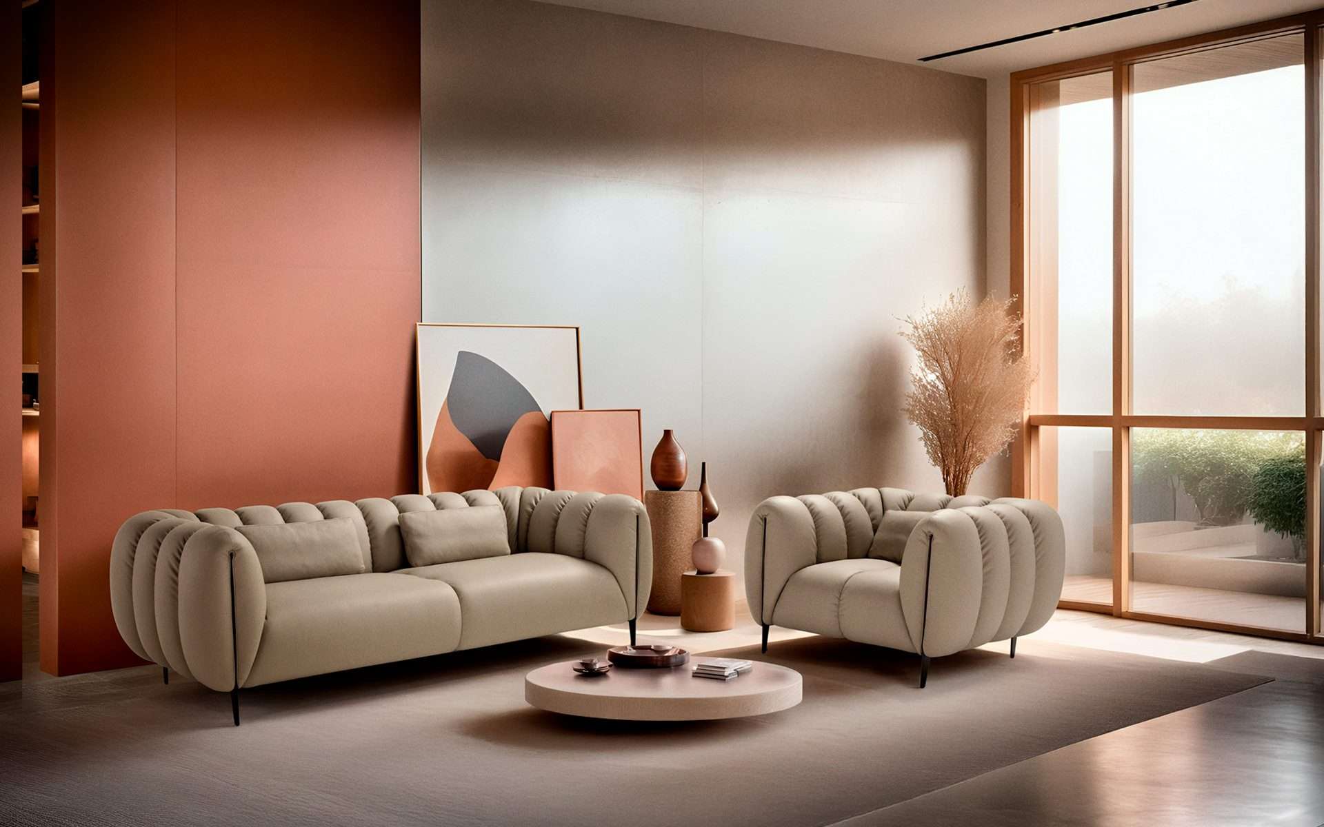 Channel-quilted sofa and armchair before a terracotta wall and tall windows
