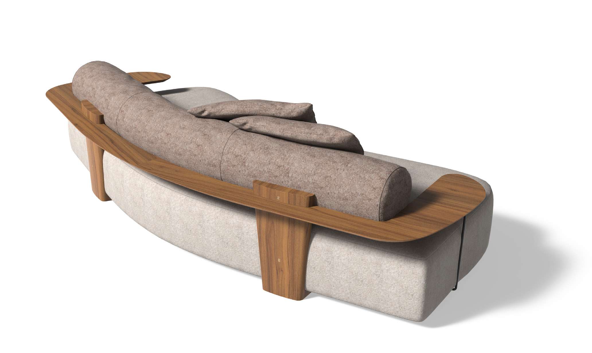 Render of the Adele sofa from behind, showing its walnut back shelf