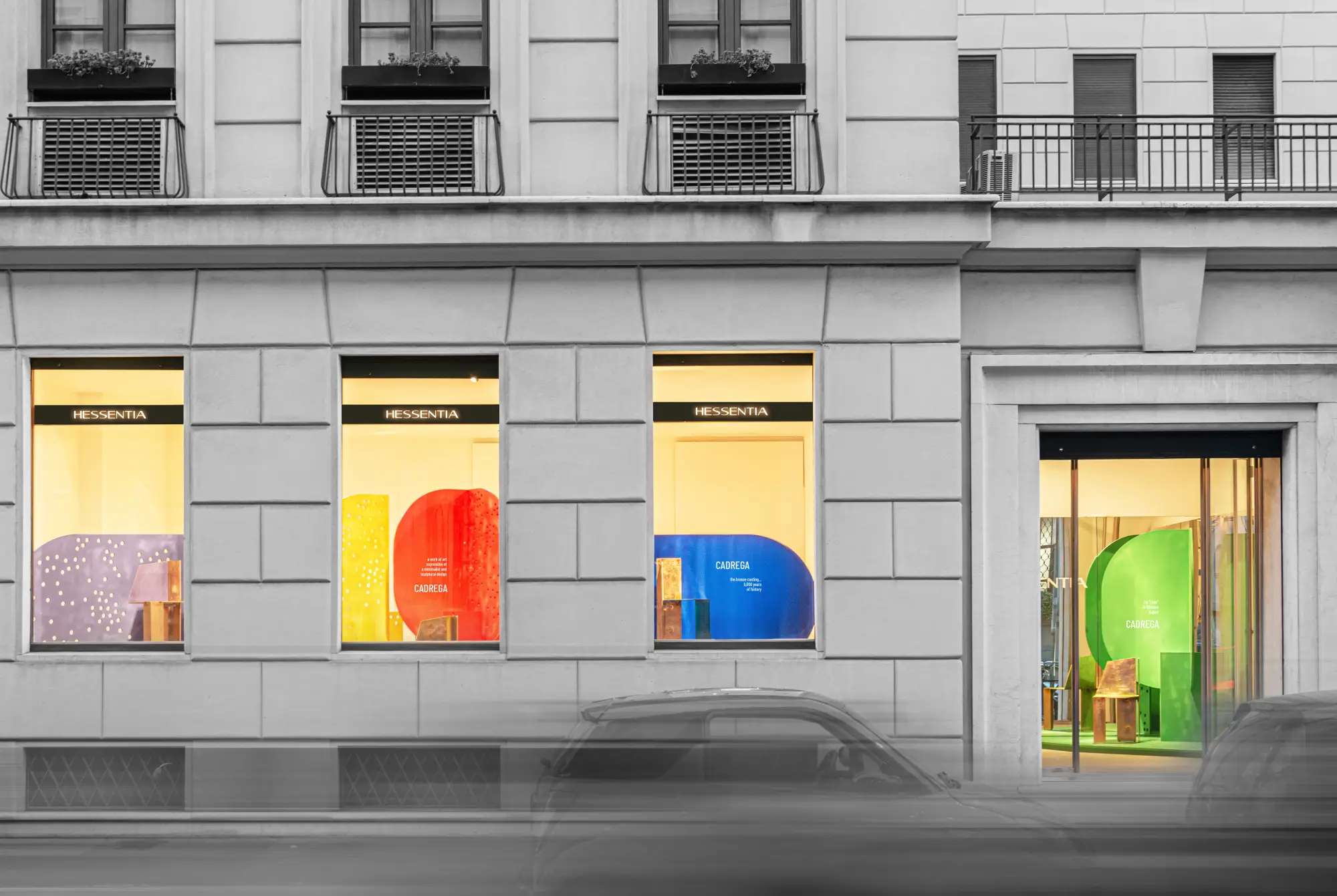 Hessentia gallery shop windows on a Milan street