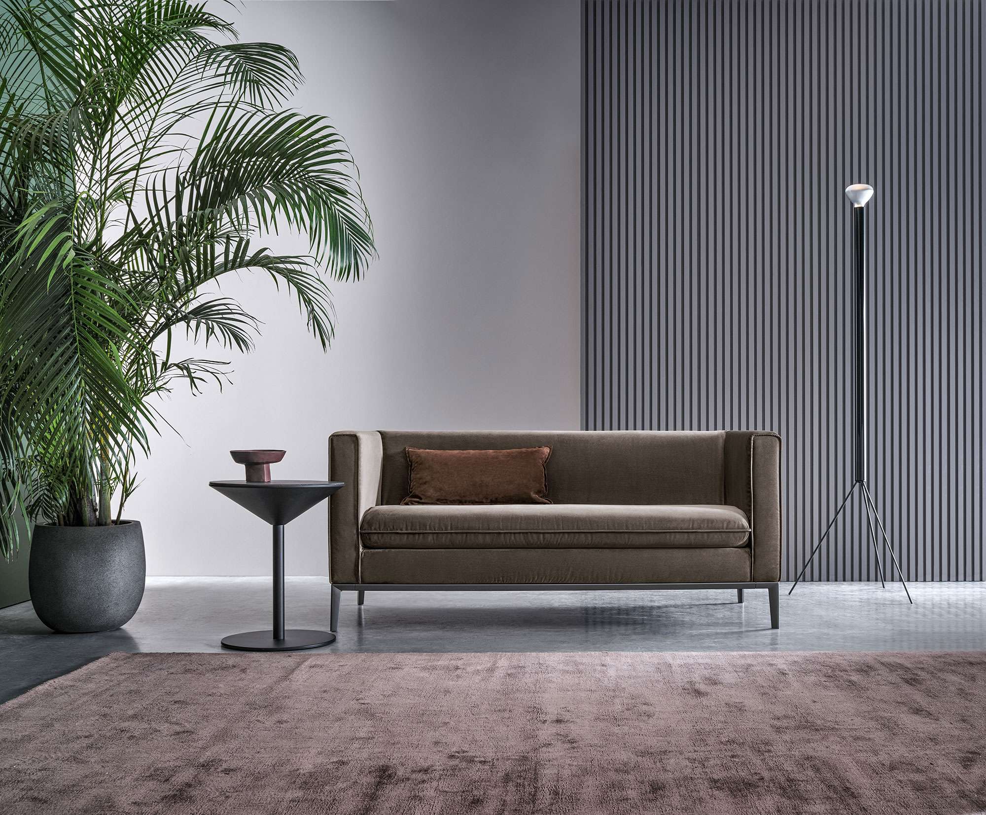 Slim taupe sofa with a palm and a floor lamp