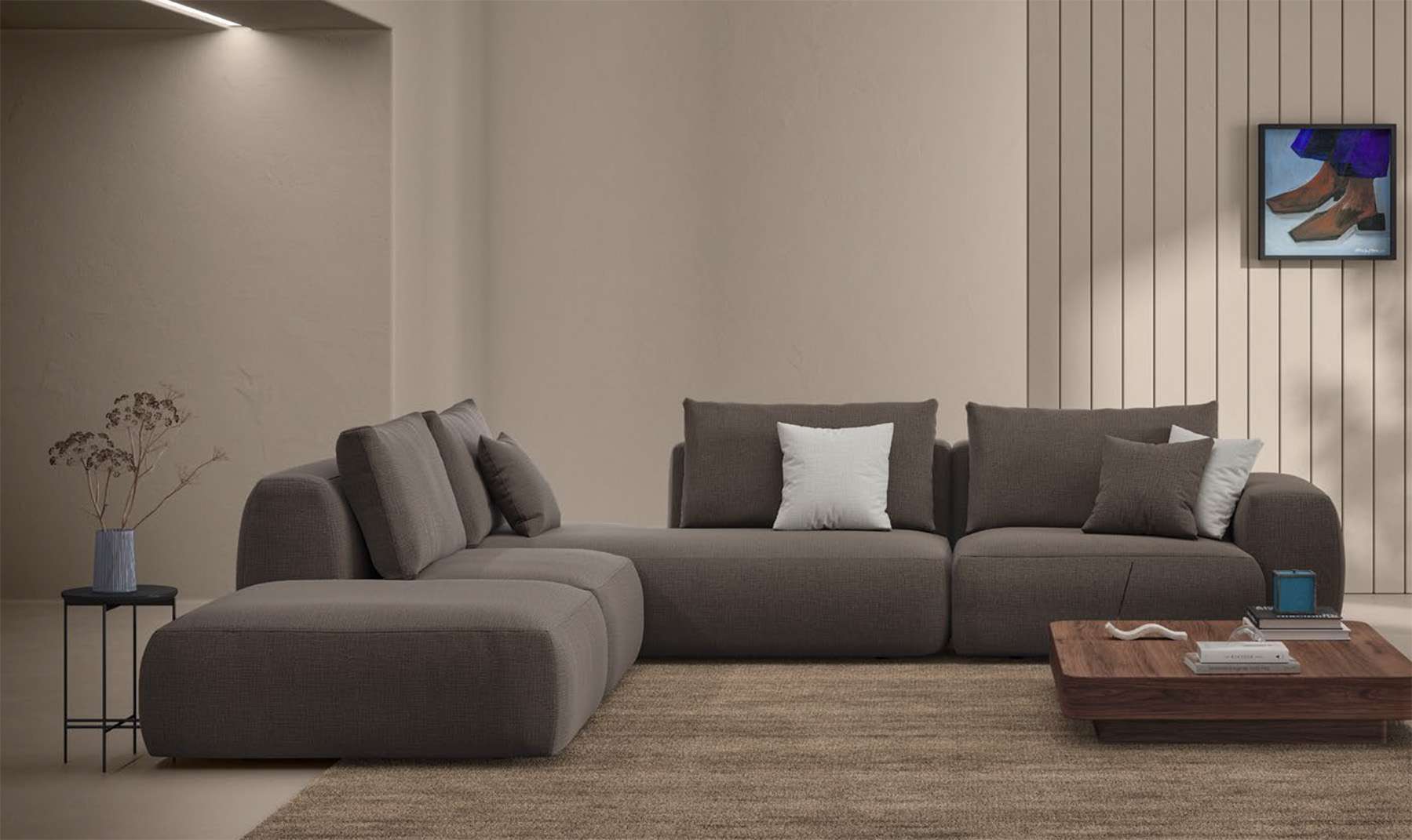 Grey corner sofa and a timber coffee table in a soft beige room