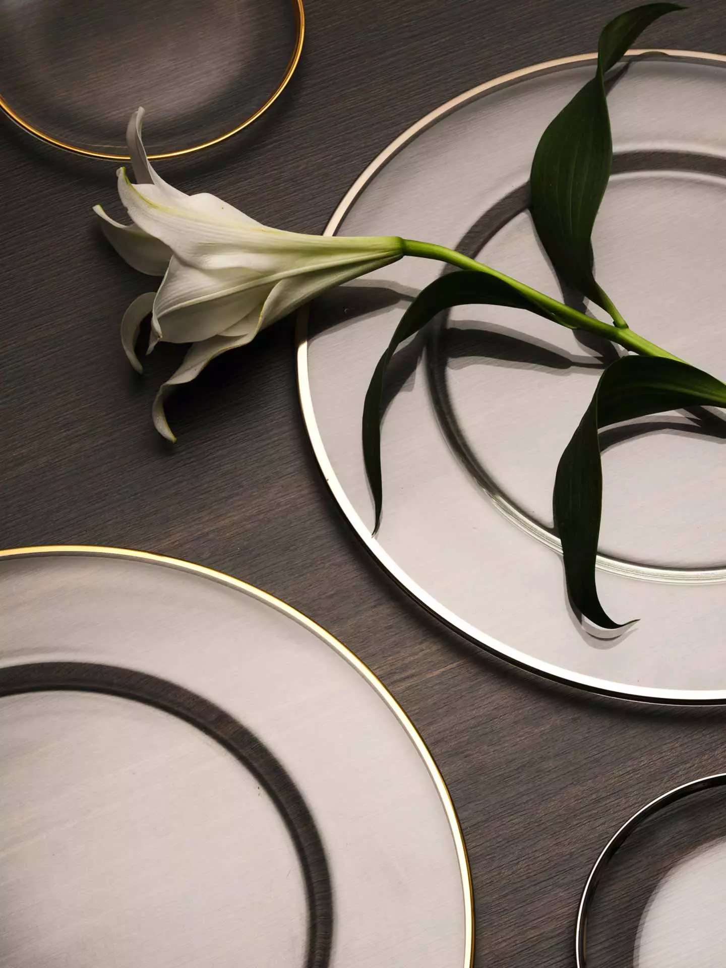 Gold-rimmed glass plates beneath a lily