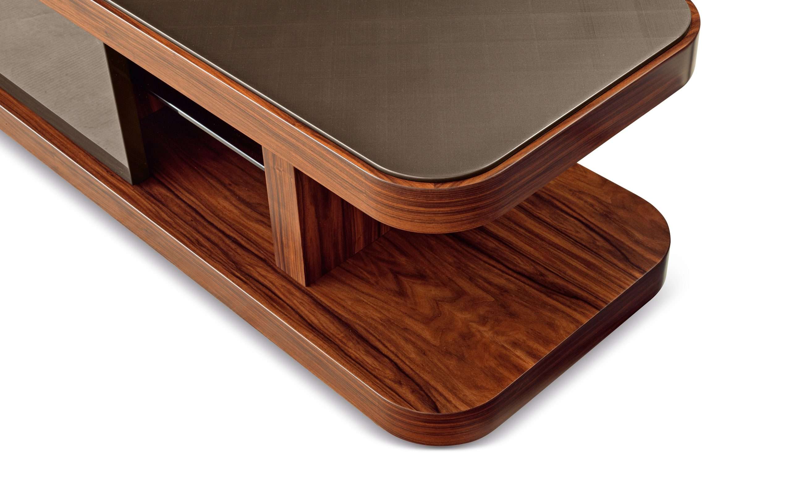 Close-up of a walnut unit with rounded corners and a bronze glass top