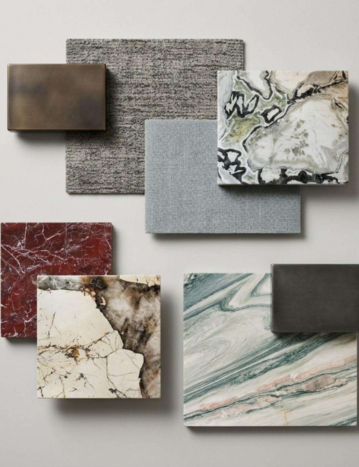 Fabric and marble samples laid out together