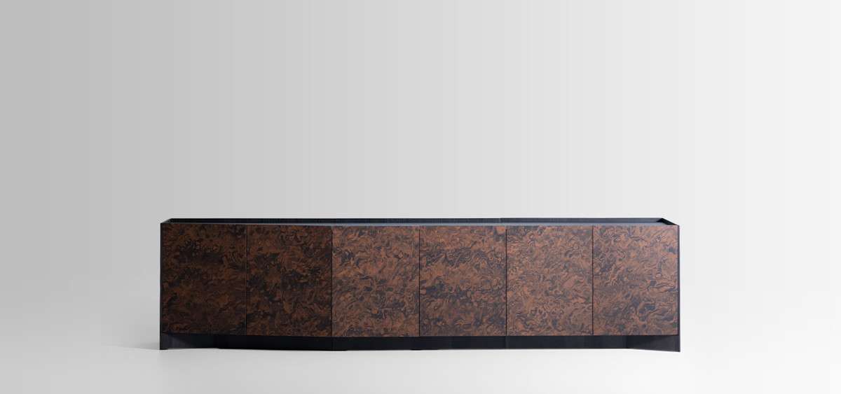 Long sideboard in burl wood on a dark base