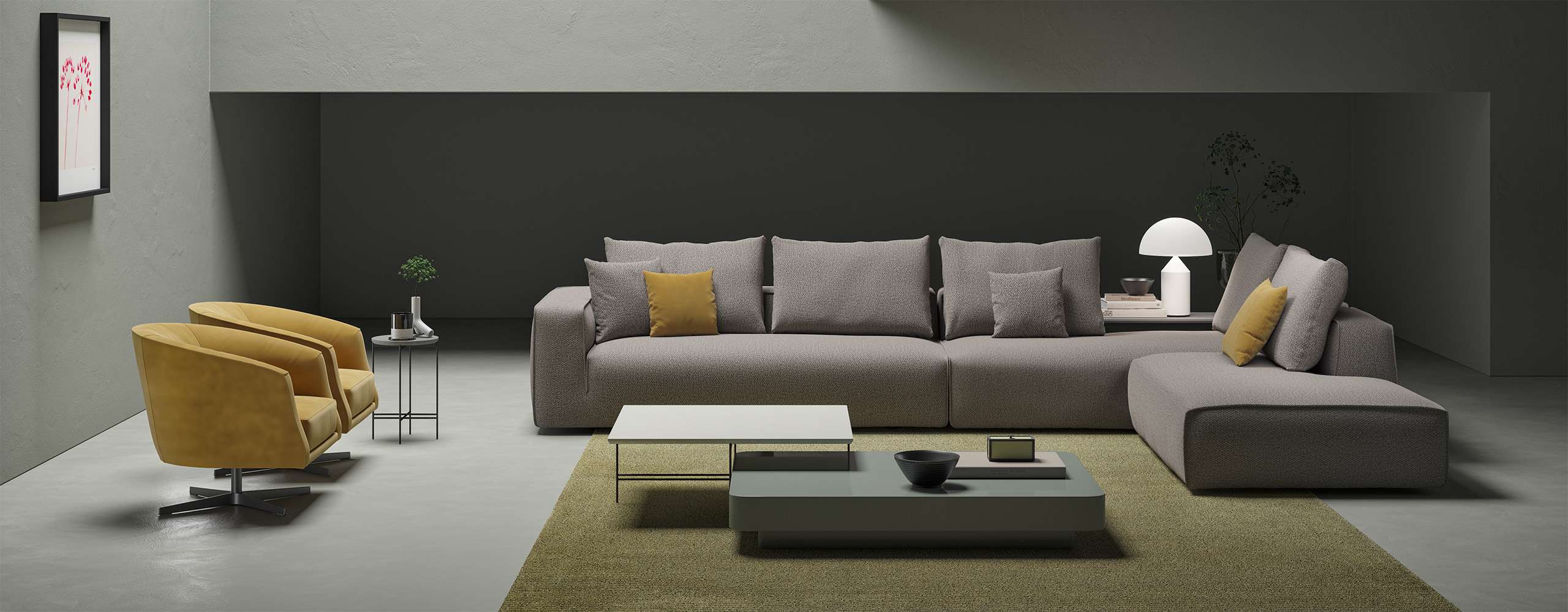 Grey sofa with mustard cushions and low tables on a green rug in a dark room