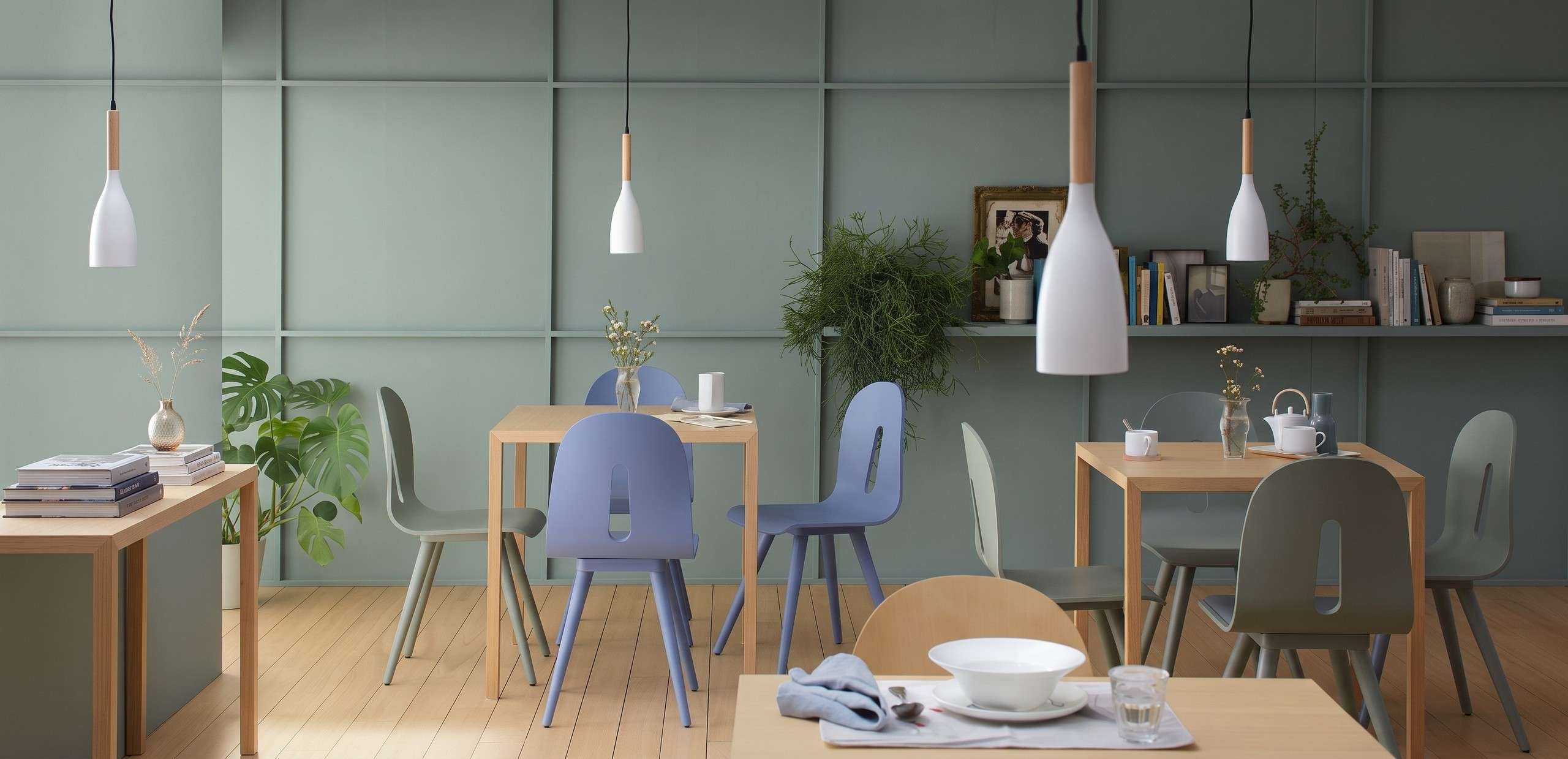 Dining room with blue and green chairs at wooden tables and white pendants