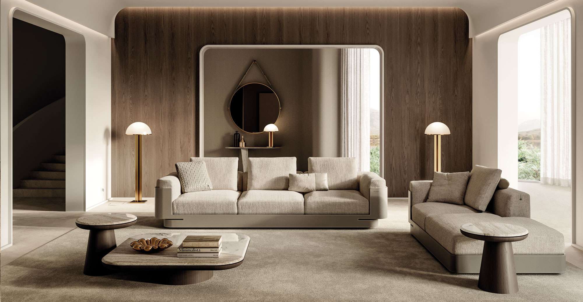 Cream sofas and round low tables before a timber wall with an arched mirror