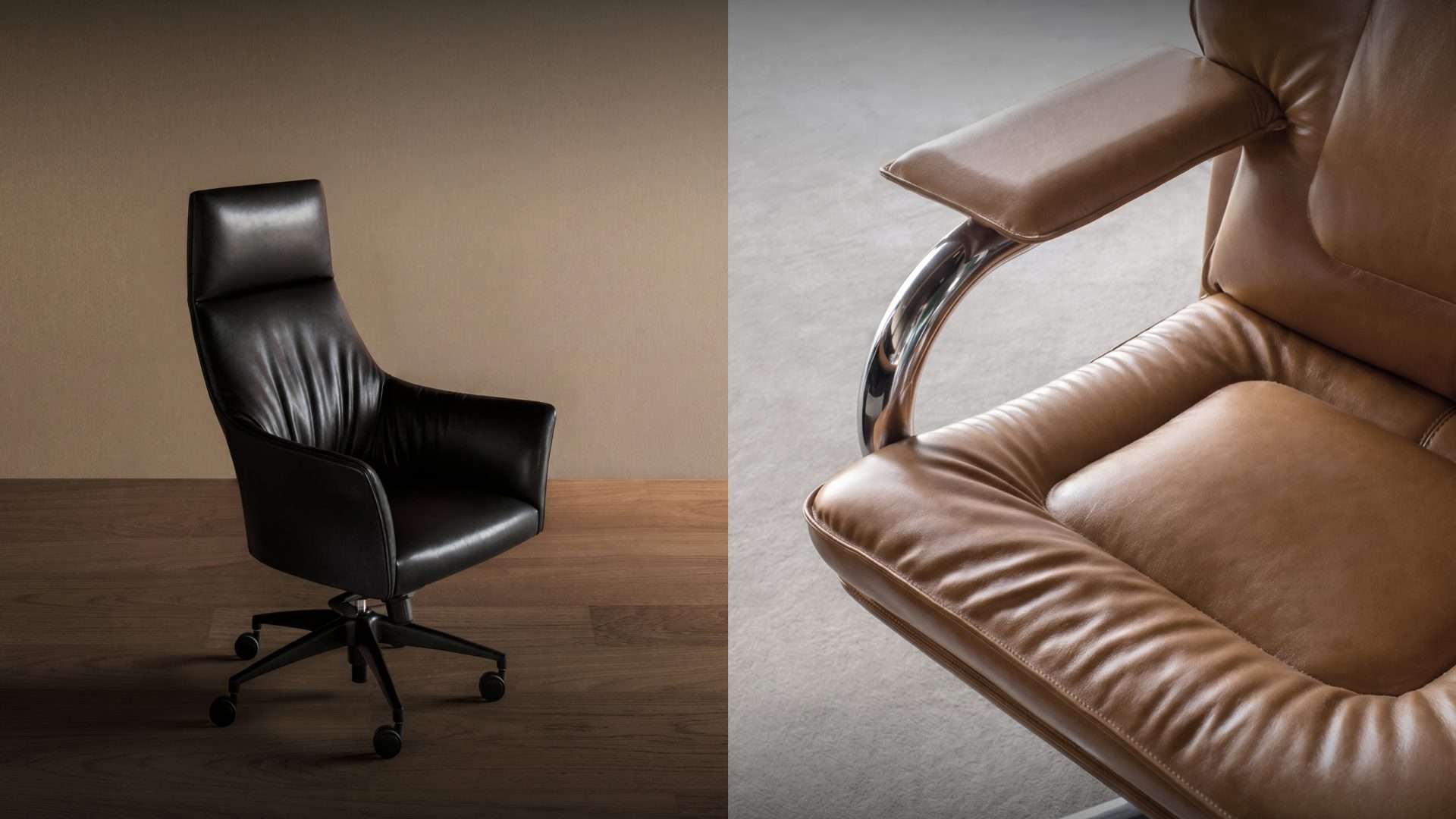 Close-up of tan leather wrapped over a chrome armrest