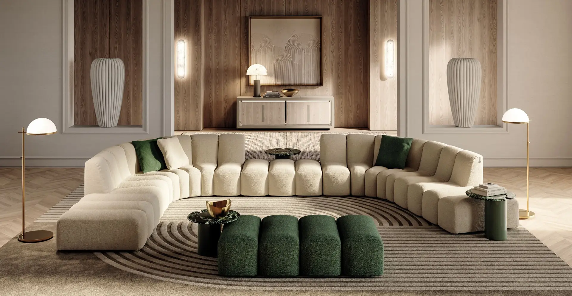Long curved cream sofa around a green ottoman in a warm, softly lit living room