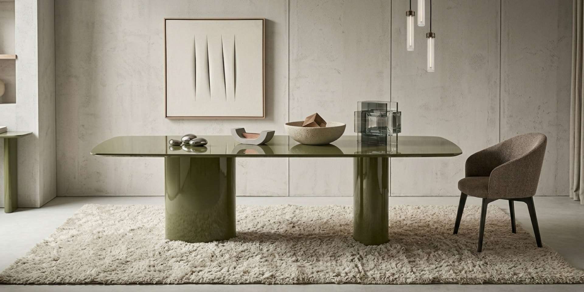 Glass-topped dining table on green legs, a slender pendant above