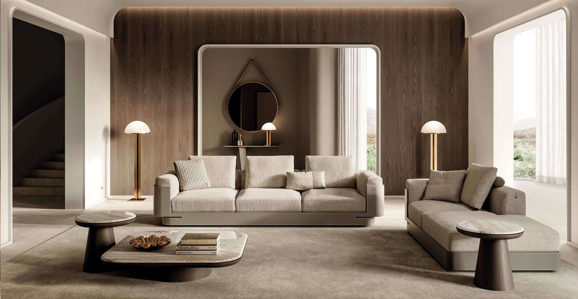 Cream sofas and round low tables before a timber wall with an arched mirror and two mushroom lamps